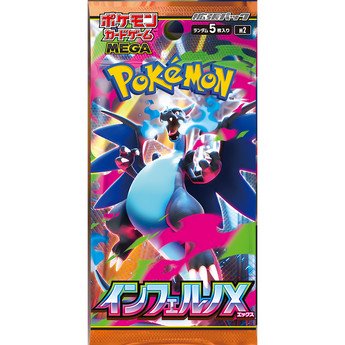 Sobre de cartas Pokémon Inferno X M2 con Mega Charizard azul y detalles en colores vibrantes sobre fondo oscuro.