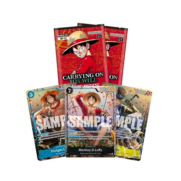 Dos sobres rojos de One Piece OP13 junto a tres cartas coleccionables de Luffy, Ace y Sabo con ilustraciones detalladas.
