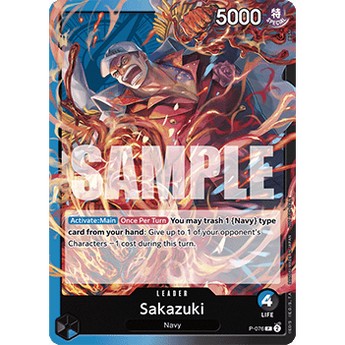 Sakazuki P-076 One Piece card featuring a dynamic illustration of the character surrounded by vibrant orange magma flames.
