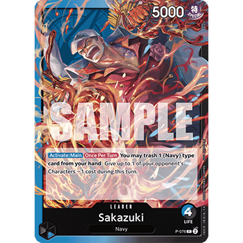 Sakazuki P-076 One Piece card featuring a dynamic illustration of the character surrounded by vibrant orange magma flames.