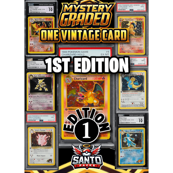 Mystery Graded 1st Edition vintage Pokémon cards in PSA, BGS, and CGC slabs with a central Charizard holo display.