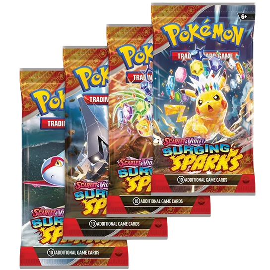 Cuatro sobres de cartas Pokémon Scarlet & Violet Chispas Fulgurantes con Pikachu ex y diseños coloridos en empaques brillantes.