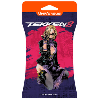 Sobre de cartas UniVersus CCG Tekken 8 con Nina Williams, diseño en tonos morados y fondo rosa vibrante.