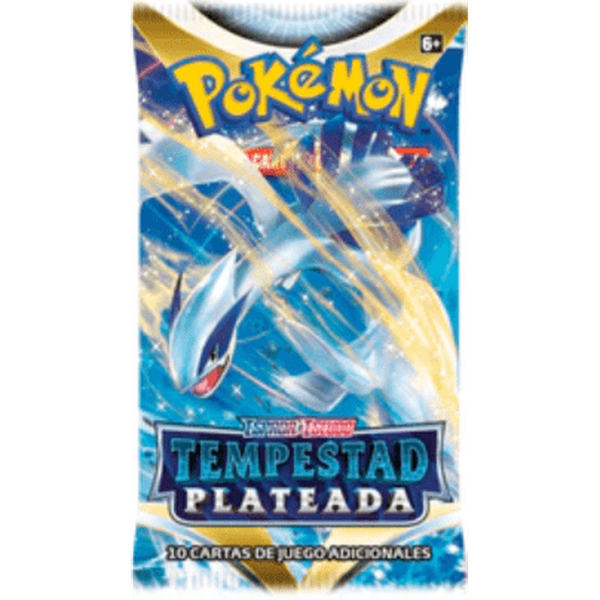 Sobre de cartas Pokémon Tempestad Plateada con Lugia sobre fondo azul y blanco, conteniendo 10 cartas coleccionables.