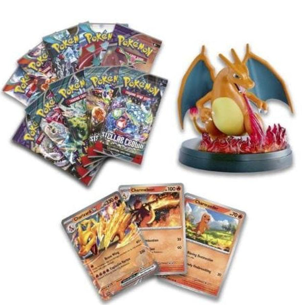 Colección Pokémon con figura de Charizard, diez sobres de cartas y cartas foil de Charmander, Charmeleon y Charizard ex.