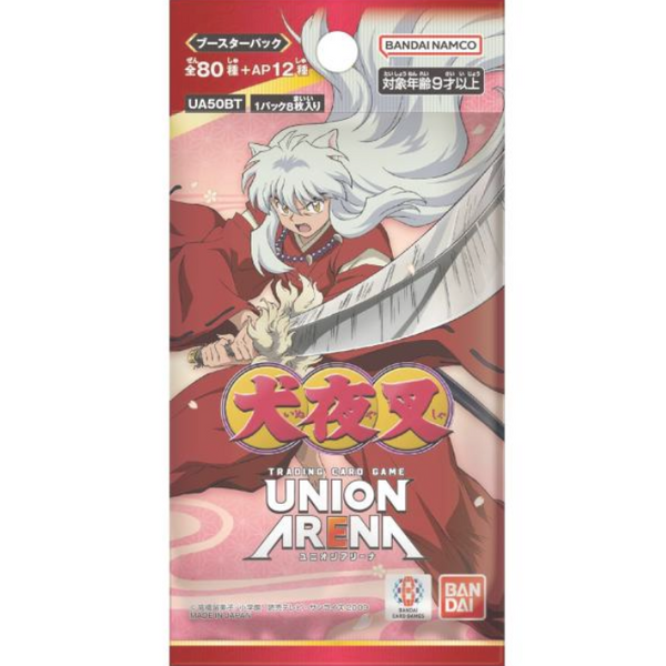 Sobre de cartas Union Arena Inuyasha [UA50BT] con ilustración de Inuyasha y su espada Tessaiga sobre fondo rojo.