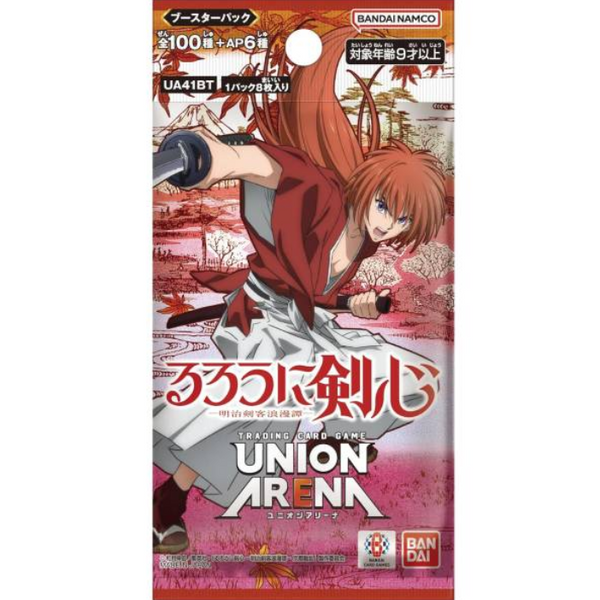 Sobre de cartas Union Arena Rurouni Kenshin UA41BT con ilustración de Kenshin Himura en tonos rojos y fondo de estilo japonés.