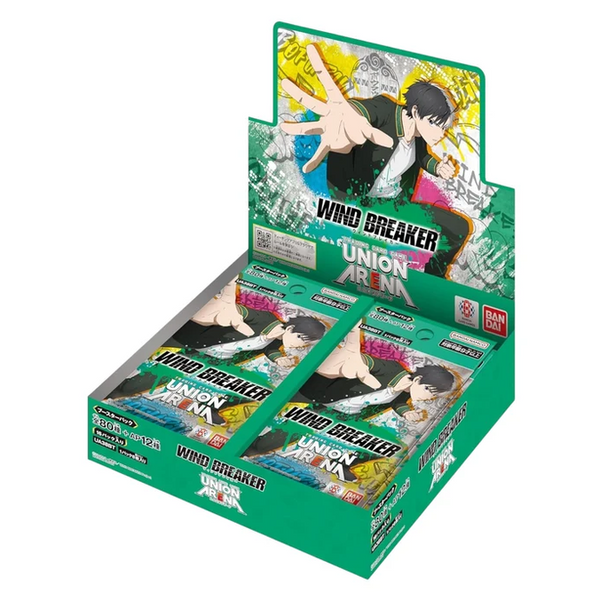 Caja expositora de sobres Union Arena Wind Breaker con diseño verde y arte de Haruka Sakura de Bandai.