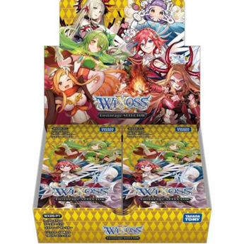 Caja de sobres WIXOSS Lostorage SELECTOR [WX26-P1] con ilustraciones de personajes anime y diseño en amarillo y dorado.
