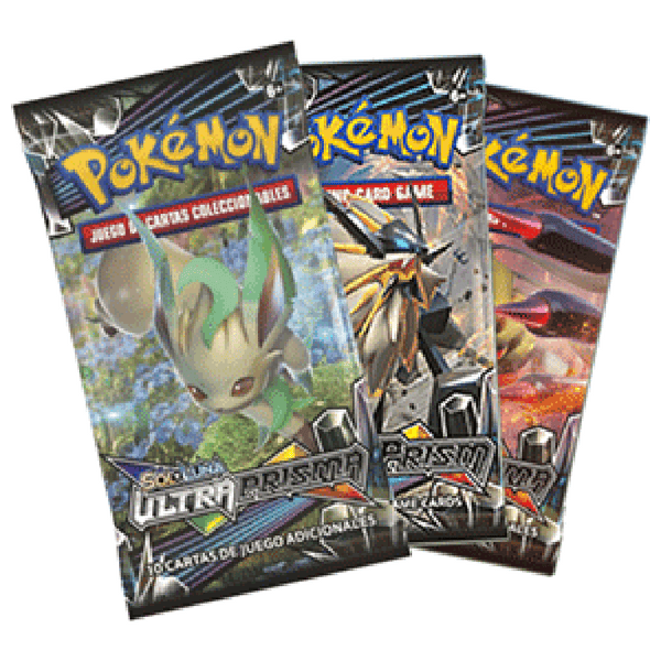 Tres sobres de mejora de Pokémon Sol y Luna Ultraprisma con ilustraciones coloridas de personajes y logo metálico.