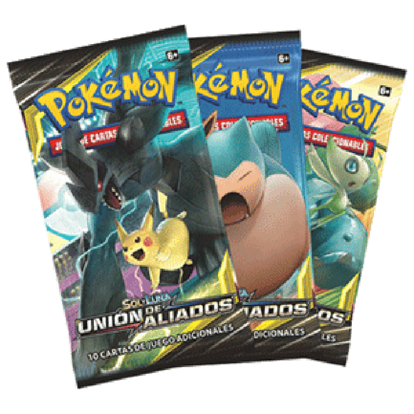 Tres sobres de cartas Pokémon Sol y Luna Unión de Aliados con ilustraciones de Pikachu, Zekrom y Snorlax.