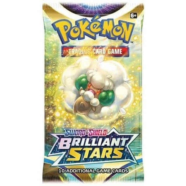Sobre de expansión Pokémon Espada y Escudo Astros Brillantes con Whimsicott sobre fondo dorado y brillante.