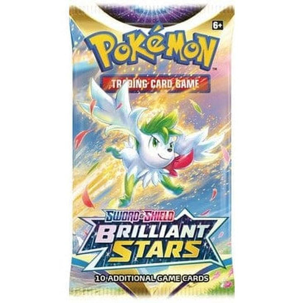 Sobre de cartas Pokémon Espada y Escudo Astros Brillantes con Shaymin en un fondo colorido y brillante.