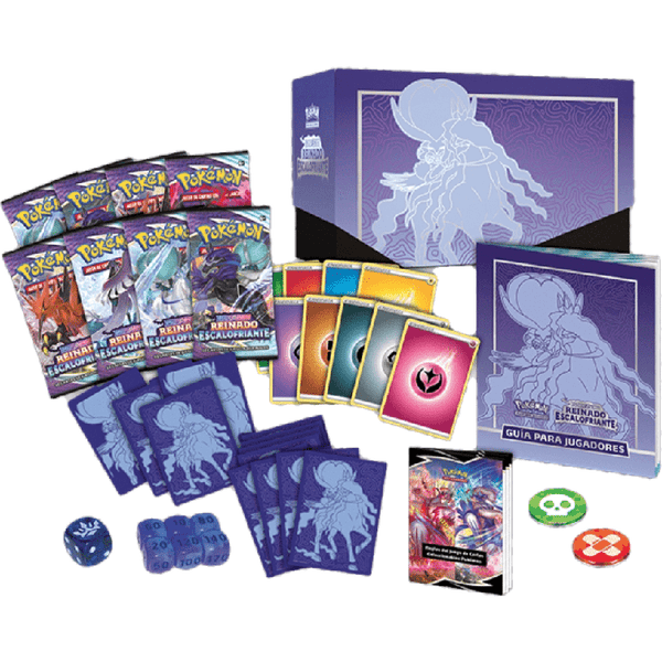 Caja de entrenador élite Pokémon Reinado Escalofriante con Calyrex Jinete Espectral, sobres, fundas, dados y guía de juego.