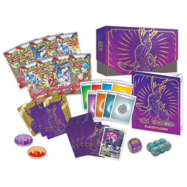 Caja de Entrenador Élite Pokémon Escarlata y Púrpura con sobres, dados, fundas moradas y guía del jugador de Miraidon.