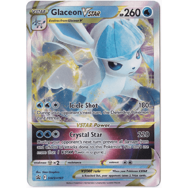 Carta holográfica brillante de Glaceon V-ASTRO con diseño azul y blanco, 260 HP y ataques de tipo hielo.