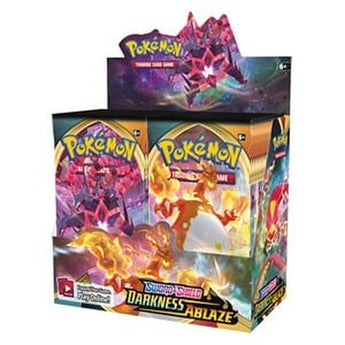 Caja expositora de sobres Pokémon Espada y Escudo Oscuridad Incandescente con Charizard VMAX y Eternatus en el diseño.