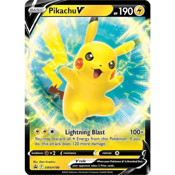 Carta holográfica de Pokémon Pikachu V con diseño brillante, rayos eléctricos amarillos y fondo oscuro.