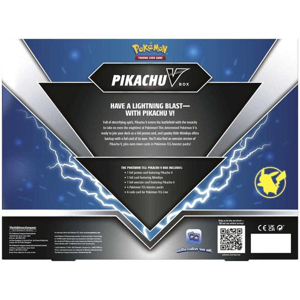 Parte trasera de la caja azul y negra de Pikachu V con gráficos de rayos, detalles del contenido y logo de Pokémon TCG.