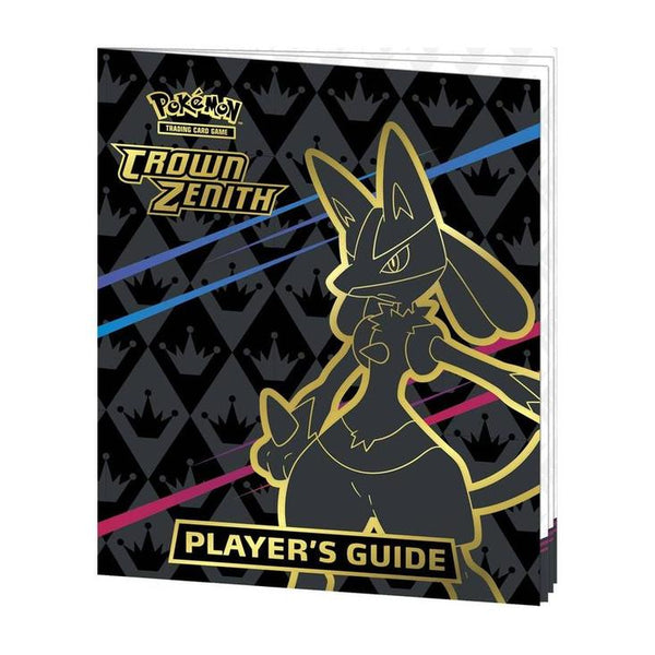 Guía del jugador de Pokémon Corona Zenith con Lucario en silueta dorada sobre fondo negro con patrón de coronas.