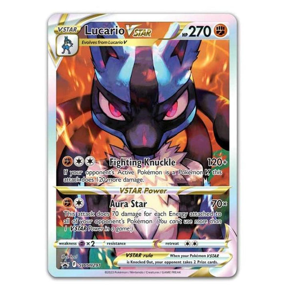 Carta Pokémon Lucario VSTAR con ilustración artística vibrante, borde plateado y detalles en color púrpura y dorado.