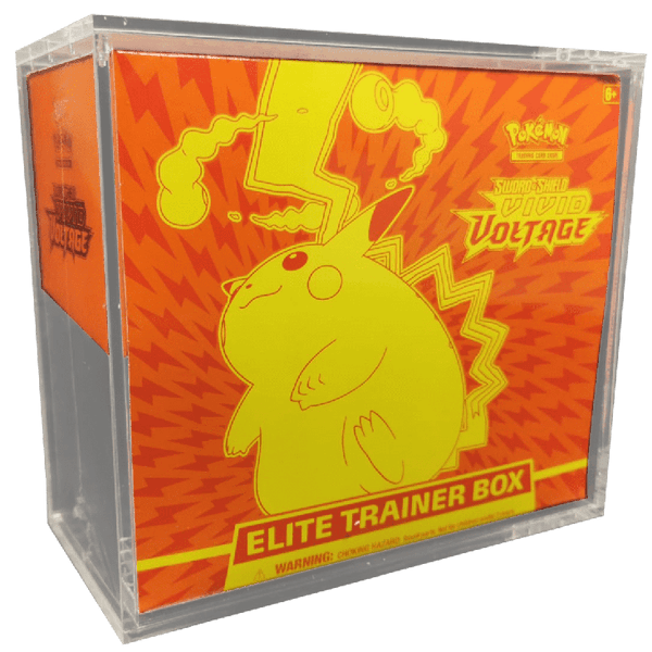 Caja protectora de metacrilato transparente para Pokémon Elite Trainer Box con cierre magnético y protección UV.