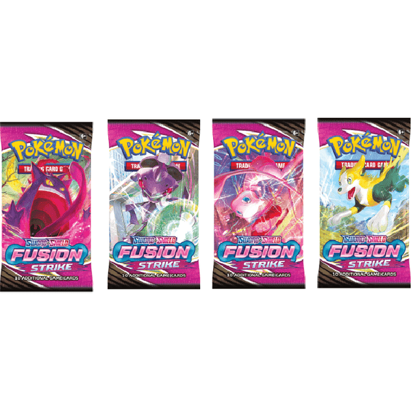 Cuatro sobres de cartas Pokémon Espada y Escudo Golpe Fusión con diseños coloridos de Gengar, Genesect, Mew y Boltund.