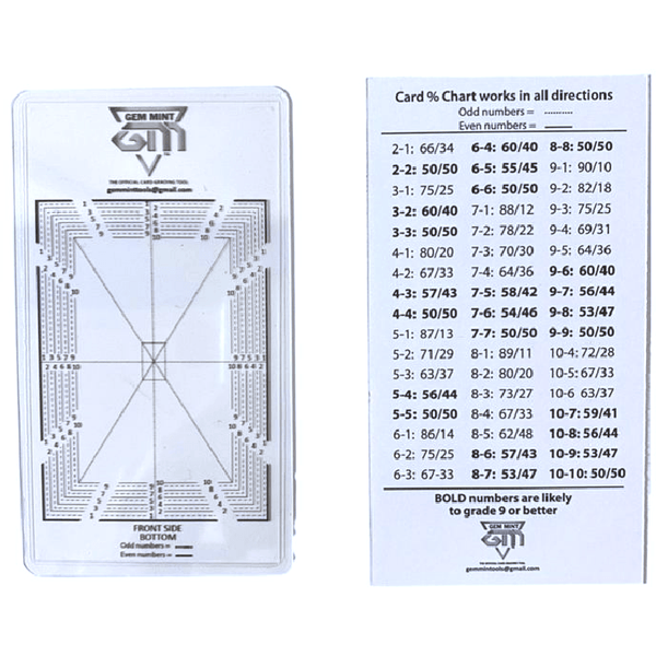 Herramienta de centrado transparente y resistente con líneas de precisión y tabla de clasificación para cartas coleccionables.