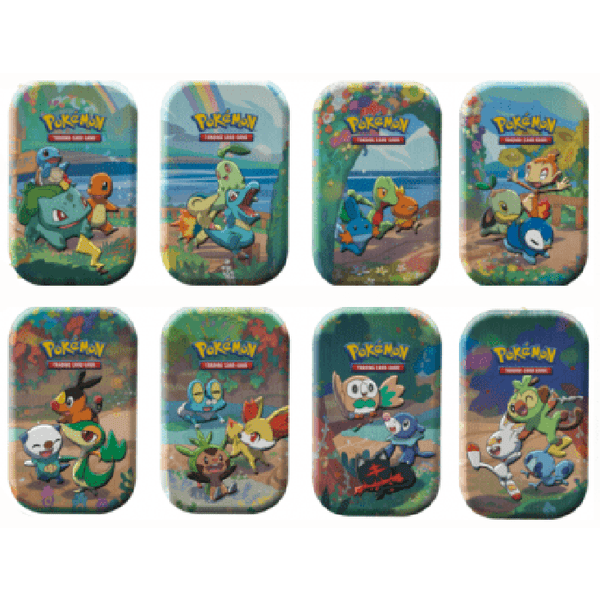 Ocho mini latas metálicas Pokémon Celebraciones con ilustraciones coloridas de diferentes generaciones de criaturas.