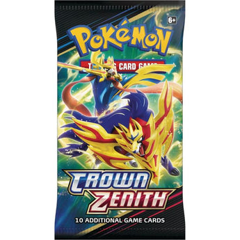 Sobre de cartas Pokémon Cenit Supremo con diseño de Zacian y Zamazenta en tonos azules, rojos y amarillos brillantes.