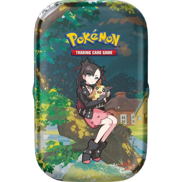 Mini lata metálica Pokémon Cenit Supremo con ilustración de Marnie y Morpeko en un entorno boscoso colorido.