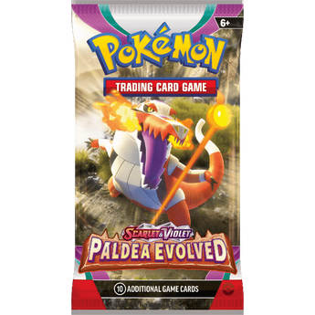 Sobre de expansión Pokémon Escarlata y Púrpura Evoluciones de Paldea con Skeledirge en el empaque brillante.