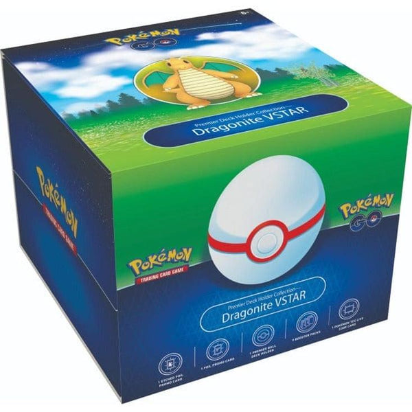 Caja de colección Pokémon GO Dragonite VSTAR con estuche para cartas en forma de Honor Ball blanca y azul.