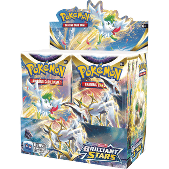 Caja de sobres Pokémon Espada y Escudo Astros Brillantes con Arceus y Shaymin en el diseño del empaque multicolor.
