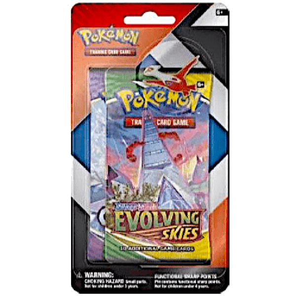 Blíster Pokémon con dos sobres de Cielos Evolutivos y Reinado Escalofriante y un pin metálico de Latias o Latios.