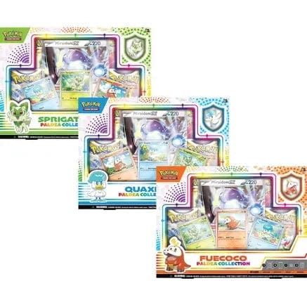 Tres cajas de colección Pokémon TCG Paldea con cartas promocionales, pines y sobres de Sprigatito, Fuecoco y Quaxly.