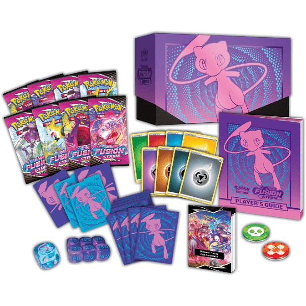 Caja de Entrenador Élite Pokémon Fusion Strike con sobres, fundas de Mew, dados, marcadores y guía en tonos morados.