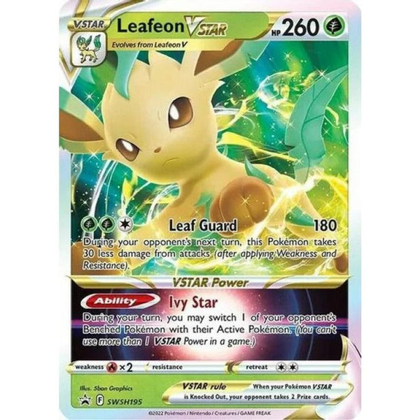 Carta holográfica de Leafeon V-ASTRO con diseño brillante, tonos verdes y dorados, y detalles de ataque en español.