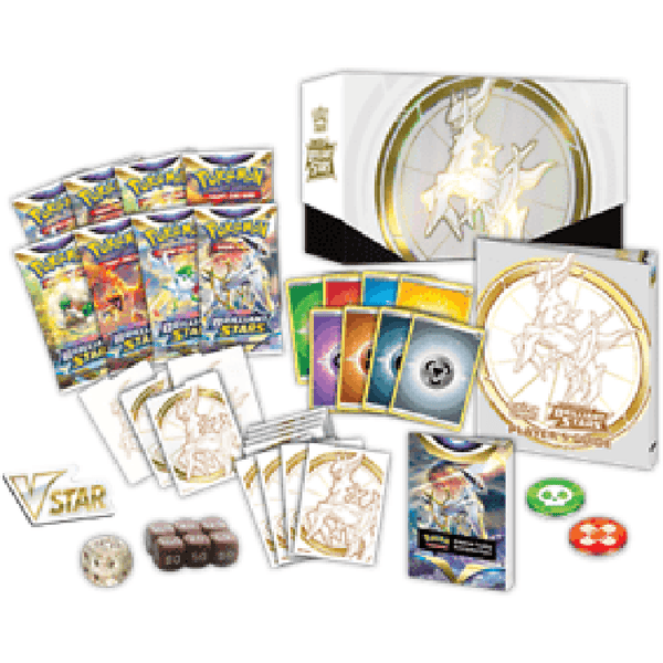 Caja de Entrenador Élite Pokémon Astros Brillantes con sobres, fundas, dados, guía del jugador y caja de almacenamiento.