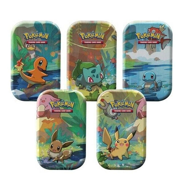 Cinco mini latas metálicas rectangulares de Pokémon con ilustraciones coloridas de Charmander, Bulbasaur, Squirtle, Eevee y Pikachu.