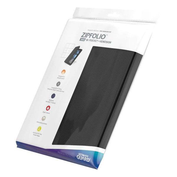 Álbum negro Ultimate Guard Zipfolio 360 con material Xenoskin, cierre de cremallera y páginas para cartas coleccionables.